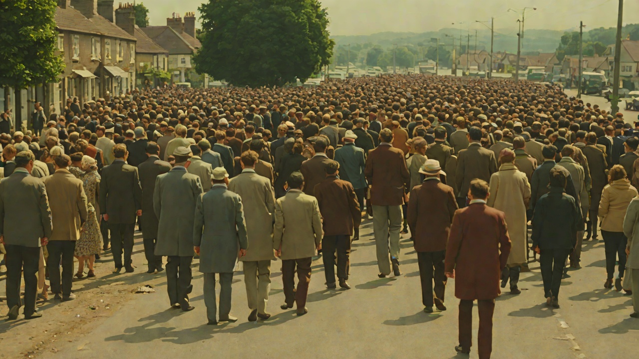 The Roadside Crowd from "The Running Man". The Poor Stand Watching Uneasy Spectators Poor residents gather on one side of the road while middle-class spectators gather on the other.