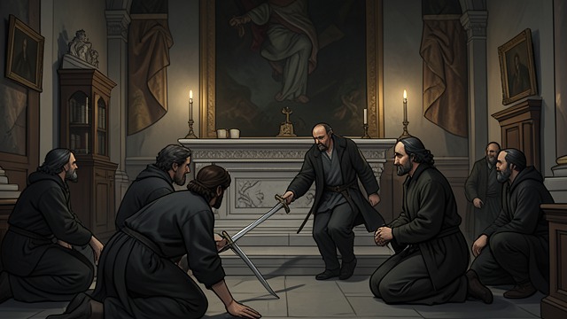 The Ceremony Betrayed from "The Killer". The Ceremony Betrayed Disguise Within Ritual The conspirators enter under the appearance of sick visitors and attack during the sacred performance.