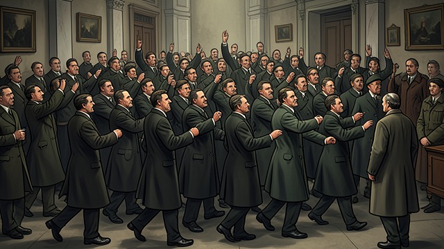 The Goose-Step from "The Killer". The Goose-Step Coercion as Participation Mother Peep’s program turns dissent into a demand that people perform the goose-step correctly.