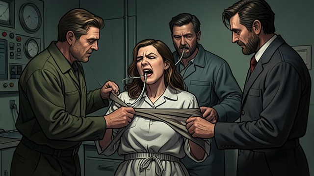 Force-Feeding Begins from "Say Nothing". Coercion in the Cell Medical restraint Prison staff restrain Dolours and push a tube through a wooden mouthpiece to force food into her.