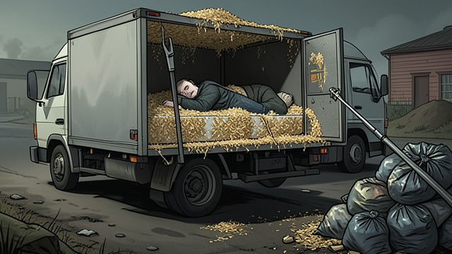 Inside the Mattress from "Say Nothing". A Close Call The lorry moves slowly Hughes lies inside a mattress as rubbish is piled on top of him.