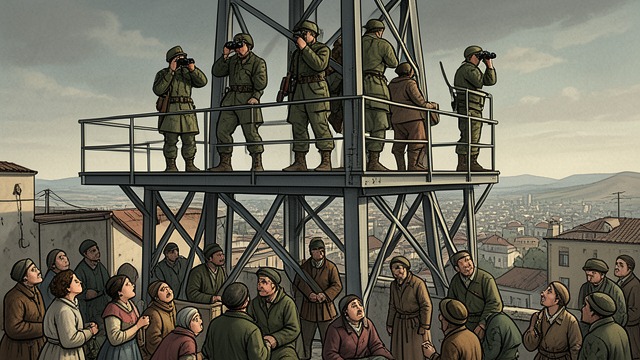 Tower as Observation Post from "Say Nothing". Military Vision Over the City Army watches from above The British Army occupies the upper floors of Divis Tower, observing the city with binoculars.