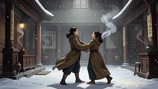 The Temple Rescue from "Winter in Sokcho". The Temple Rescue A dangerous moment As the pair stand near the temple, an icicle breaks above the narrator.
