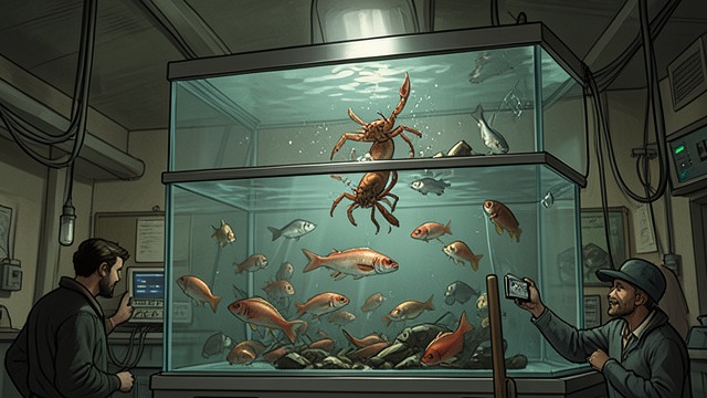 The Crab in the Tank from "Winter in Sokcho". The Crab in the Tank A damaged enclosure The narrator watches a crab fall from one crowded fish tank into another.