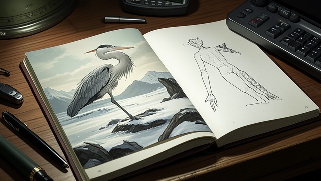 The Sketchbook’s Last Image from "Winter in Sokcho". The Sketchbook’s Last Image A different palette In the sketchbook Yan Kerrand leaves behind, the narrator finds a heron beside his hero on a winter shore.