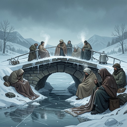 The Cold as a Physical Crisis from "Winter in Sokcho". This flow follows the story’s exceptional cold from discomfort and frozen infrastructure to an atmosphere of isolation and suspended life.
