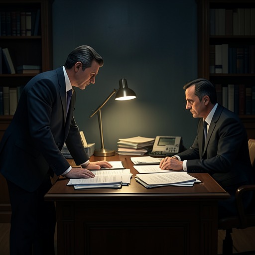 Henry and Bill as Colleagues from "All the Old Knives". Henry’s professional respect for Bill turns into a coercive interrogation that exposes how the investigator has become part of the wrongdoing.