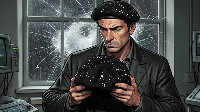 A Beret Marked White from "Bloodhounds". A Beret Marked White Paint appears on the hat Rupert is seen with white flecks on his black beret after the gallery window is sprayed.