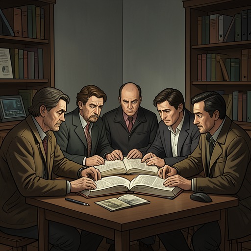 The Bloodhounds’ Closed Circle from "Bloodhounds". This flow traces a reading group’s shifting intimacy as shared books become shared evidence and every member becomes a possible suspect.