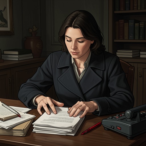 Miss Chilmark’s Financial Secret from "Bloodhounds". This flow follows Miss Chilmark’s concealed financial distress back to an old pregnancy, a lost son, and A.J.’s exploitation of her hope.