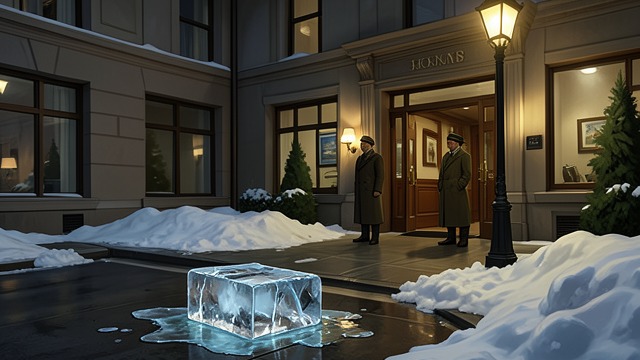 Snow at the Hotel from "Midwinter Break". Weather Turns A changing city Snow begins as Gerry and Stella reach their taxi after Stella’s meeting.