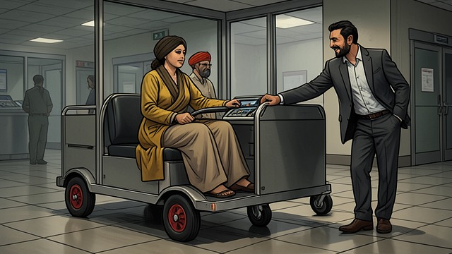 The Airport Cart from "Midwinter Break". Accepting Assistance A passenger receives a lift A Sikh airport driver insists that Stella ride on the shuttle cart with other older travelers.