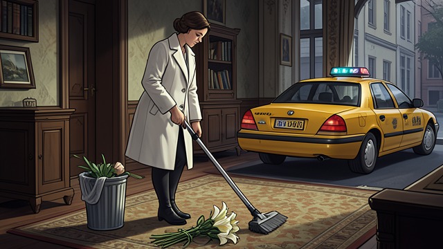 The Lost Taxi Time from "Midwinter Break". Waiting and Cleaning A delayed cab While the taxi is late, Stella vacuums the carpet and disposes of the lilies before leaving.