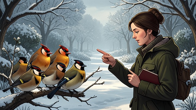 Waxwings in the Courtyard from "Midwinter Break". Bright Visitors A rare sight Kathleen points out waxwings feeding on berries in the Begijnhof garden.