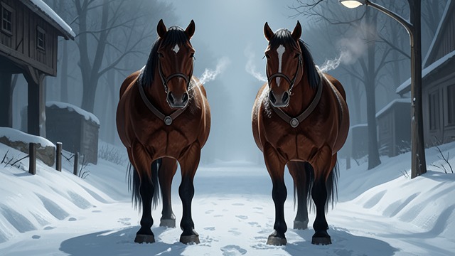 The Police Horses from "Midwinter Break". A Different Attraction Stella’s attention Stella finds two police horses in a side lane and is captivated by their calm, visible breath, and powerful bodies.
