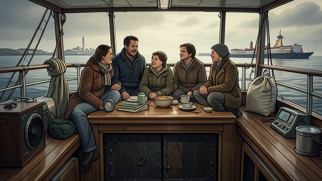 A Family on the Ferry from "Midwinter Break". Crossing with a Child A family photograph Stella asks the removal men to photograph the three family members on the ferry, with Belfast receding behind them.