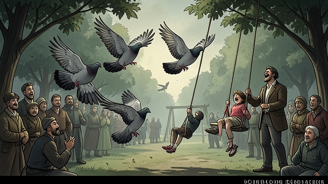The Flight of the Flock from "Midwinter Break". A Sudden Departure Birds take off together Pigeons in the park rise all at once, frightening a child on a swing.