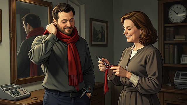 The Scarf Knot from "Midwinter Break". Teasing at the Mirror A practical adjustment Gerry worries that his red scarf looks flamboyant, and Stella helps him tie another knot.