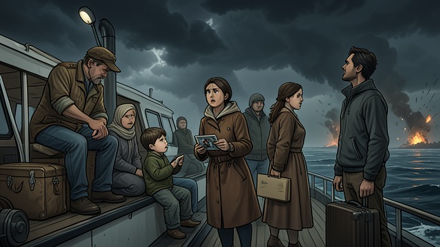 Leaving Ireland from "Midwinter Break". Departure and Inheritance A family crossing Gerry, Stella, and their young son leave Ireland by ferry, carrying their furniture and a family photograph into an…