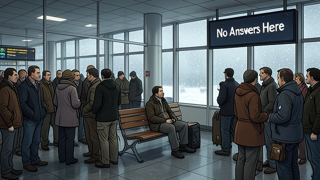 The Snowbound Refuge from "Midwinter Break". A Temporary Shelter Airport as enclosure The storm cancels flights and turns Schiphol Airport into a crowded overnight refuge.