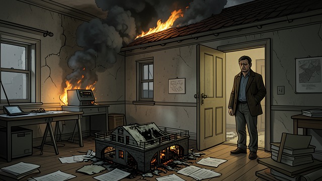 The Attacked Office from "Midwinter Break". A Place of Creation Destroyed Firebombing Gerry’s architectural workplace is attacked and burned.