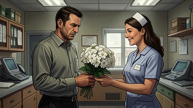 Flowers for the Hospital from "Midwinter Break". An Offering in Waiting A husband buys carnations While waiting for news of Stella, Gerry buys white flowers at the hospital shop.