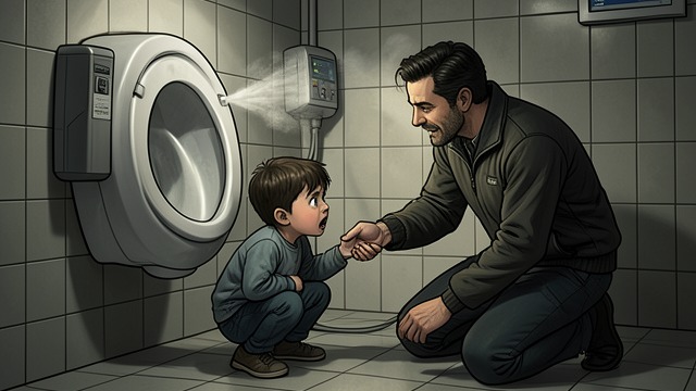 The Man at the Urinal from "Midwinter Break". A Child’s Fright A sudden noise A hand dryer frightens a small child in the airport toilet.