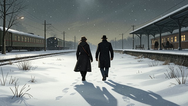 The Return Through Snow from "Midwinter Break". Leaving a City Changed Snow along the route The train carries Gerry and Stella toward the airport as snow falls and accumulates.