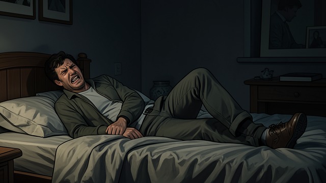 The Cramp in the Night from "Midwinter Break". Pain in the Dark A body out of control Gerry wakes with severe cramp and struggles to flatten his foot without waking Stella.
