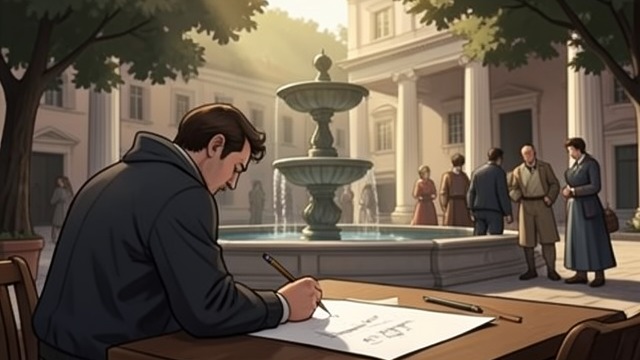 Interiors as Memory from "A Gentleman in Moscow". Drawing What Remains The Piazza Sketch The architect carefully draws the Piazza’s columns, fountain, and occupants.