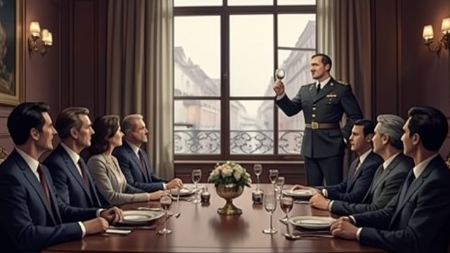 A Toast Changes the Room from "A Gentleman in Moscow". Khrushchev’s Performance A Historic Reference Nikita Khrushchev toasts the hotel’s history and recalls a previous political meeting inside The Metropol.