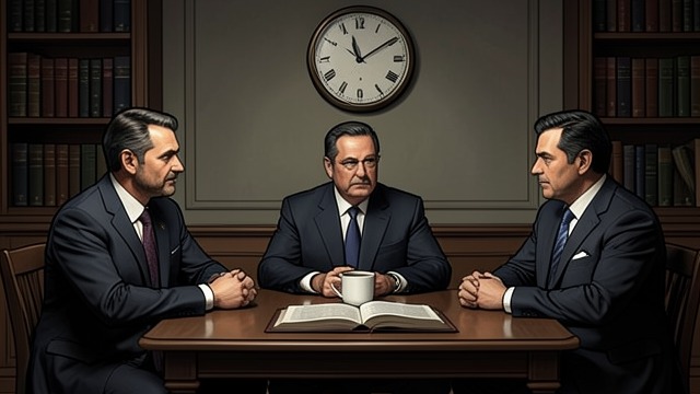 The Daily Meeting from "A Gentleman in Moscow". Work at 2:15 The Triumvirate Count Alexander Ilyich Rostov meets with Andrey Duras and Emile Zhukovsky each day to coordinate the Boyarsky.