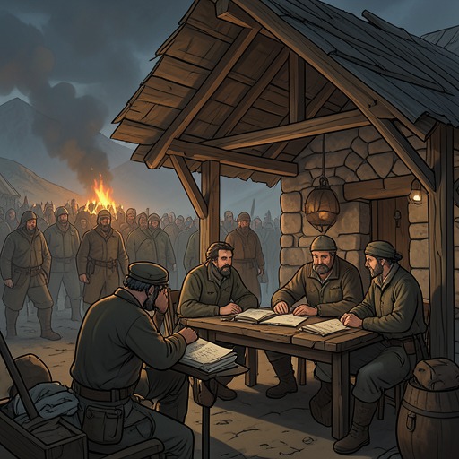 The Plague Refuge and the Storytelling Company from "The Decameron". This flow traces how the survivors leave plague-stricken Florence, build an ordered refuge, and turn storytelling into shared recreation.