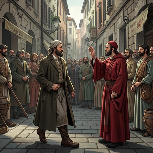 Abraham’s Visit to Rome from "The Decameron". This flow follows a Jewish merchant’s inspection of the Roman clergy and his surprising decision to become Christian.