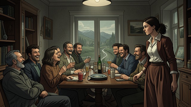 A Fraternity of Strangers from "Happiness for Beginners". A Fraternity of Strangers Others gather quickly The participants form a social group over dinner and drinks while Helen stands apart.