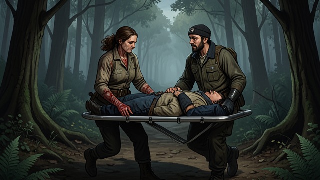 The Work of the Evacuation from "Happiness for Beginners". The Work of the Evacuation Effort made visible Helen joins the group carrying Hugh on a makeshift litter through difficult terrain.