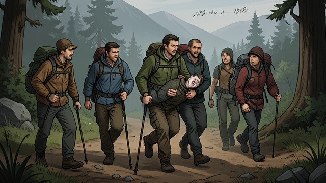 A Rescue Shared by Everyone from "Happiness for Beginners". A Rescue Shared by Everyone Cooperation under strain When Hugh is injured, participants who have teased and competed with one another become a rescue team.