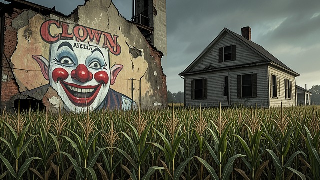 A Town Beyond the Window from "Clown in a Cornfield". A Town Beyond the Window An uneasy view Quinn discovers that the property borders cornfields and that the burned Baypen factory looms beyond them.