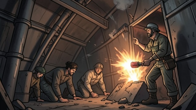 A Dangerous Escape Route from "Clown in a Cornfield". A Dangerous Escape Route A desperate descent Rust places dynamite near the damaged entrance while the others crawl into the conveyor passage.
