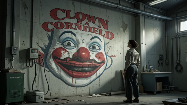A Mascot in the Landscape from "Clown in a Cornfield". A Mascot in the Landscape The factory mural Quinn sees a weathered clown painted on the factory wall and reads its fixed gaze as unsettling.