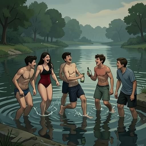 The Reservoir Tragedy from "Clown in a Cornfield". This flow traces how a reckless party stunt becomes the defining wound of Cole Hill and Kettle Springs.