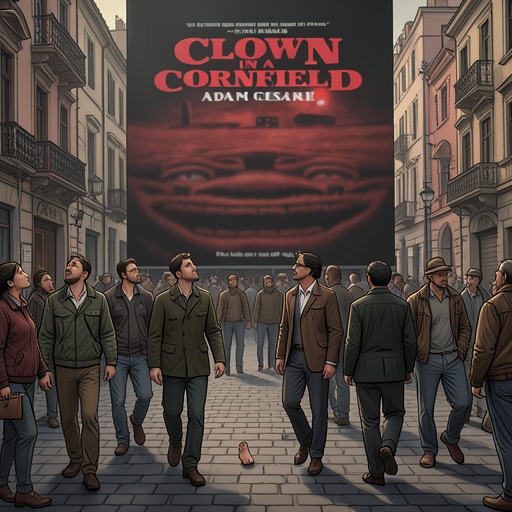 The Sound of a Familiar Slogan from "Clown in a Cornfield". This flow follows Baypen’s cheerful advertising phrase as it shifts from branding to irony, threat, and a reminder of the town’s damaged past.