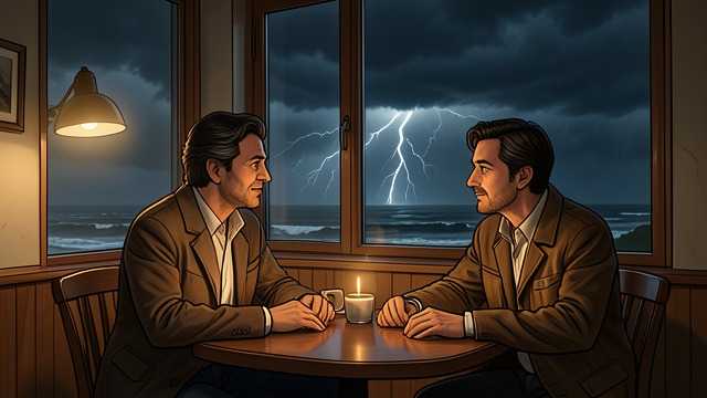 The Family’s Safe Harbor from "Der goldene Handschuh". A Protected Conversation Weather and family news As a summer storm arrives, Karl and Margot take shelter in a seaside café and exchange family news.
