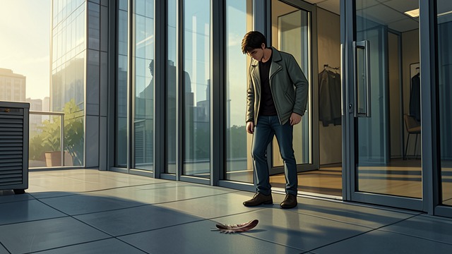 New York Entrance from "The Secret". The Feather Appears Accidental Glance The young man looks down just before entering a high-rise building.