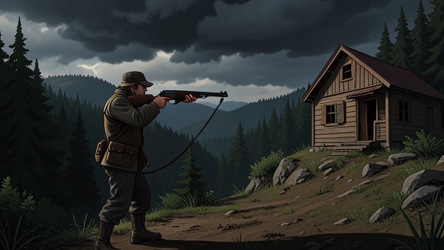 The Shot from the Ridge from "Dr. Death". Grief Becomes Action A Hidden Position Fusco watches the cabin from a distant ridge with a high-powered rifle.