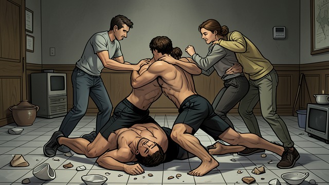 Violence and Comfort from "Dr. Death". Conflict on the Floor A Fight over the Bat Eric and Richard wrestle amid shattered pottery, with Alex and Joe Safer intervening.