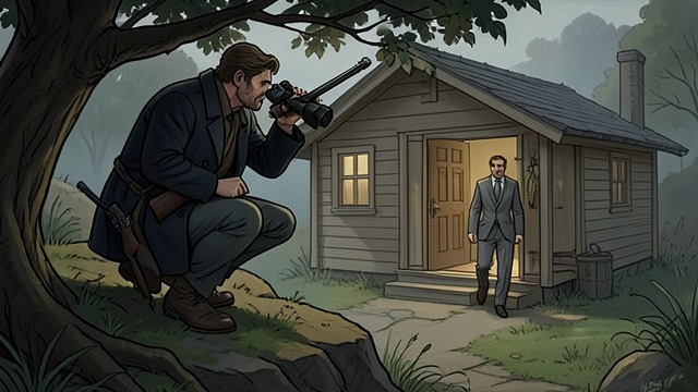A Rifle in the Ridge from "Dr. Death". Fusco Takes Position A Hidden Observer Fusco watches the cabin from above with a rifle and clear view of Ulrich.