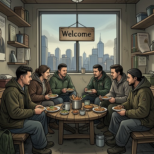 Refugee Life in America from "The Sympathizer". This subplot traces the ways refugees build community and pursue material survival while facing dispersal, racism, and the pressure to assimilate.