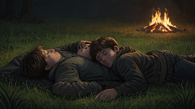 A Shared Fire Duty from "Lord of the Flies". The Watch Together Sam and Eric are assigned to tend the mountain fire but fall asleep together instead of keeping a separate watch.