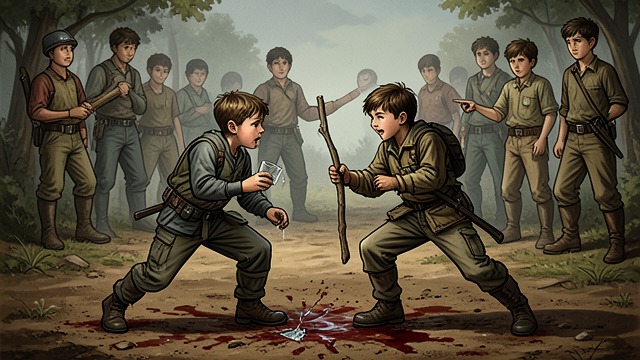 Fight at Castle Rock from "Lord of the Flies". The Rival Chiefs Clash Ralph and Jack Merridew fight as the rival group refuses to return Piggy's glasses and rejects Ralph's appeal to rescue.